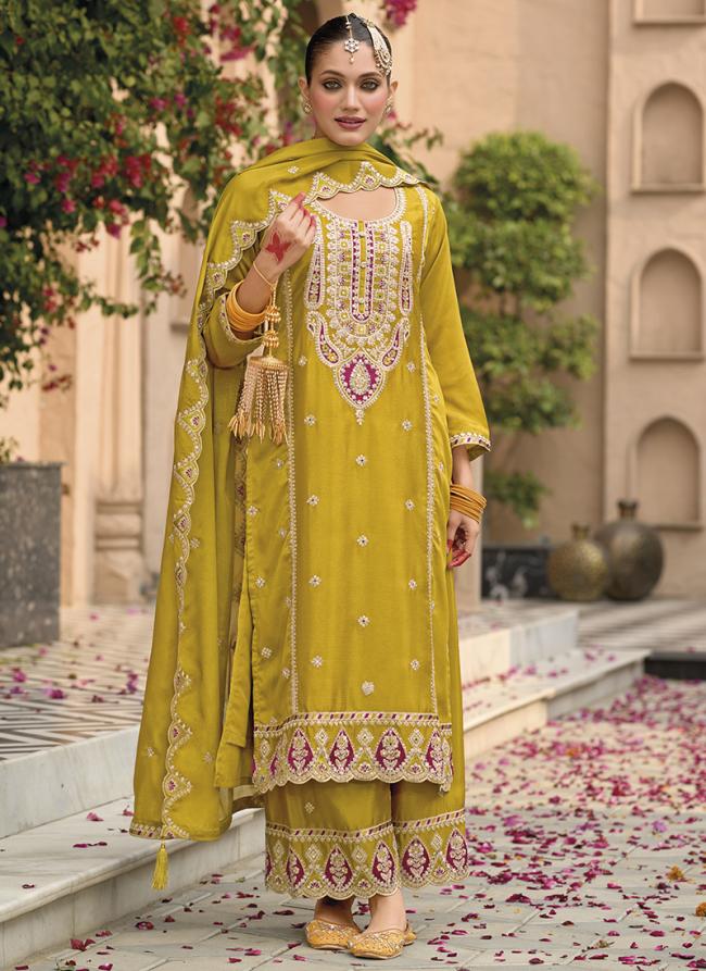 Chinnon Yellow Wedding Wear Zari Work Readymade Straight Suit